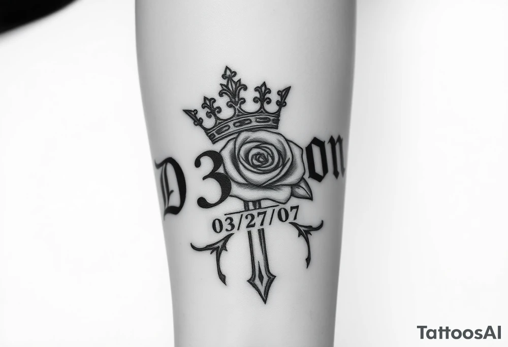 Name D3von with a crown and rose and cross and 03/27/07 with everything going down tattoo idea
