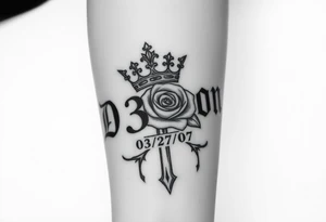 Name D3von with a crown and rose and cross and 03/27/07 with everything going down tattoo idea