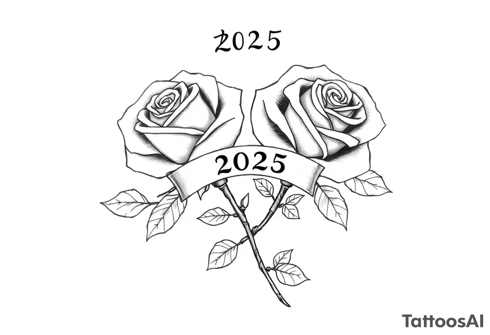 two beautiful rose buds, side by side, with many leaves and their stems intertwined, representing two people in love. Include a banner connecting the two roses with "2025" on it.  The word "Rose" written in Kanji above the drawing.  Use dark outlines with little shading. The two stems should intertwine and join into one stem, whimsically curved or twisted - not straight down. tattoo idea