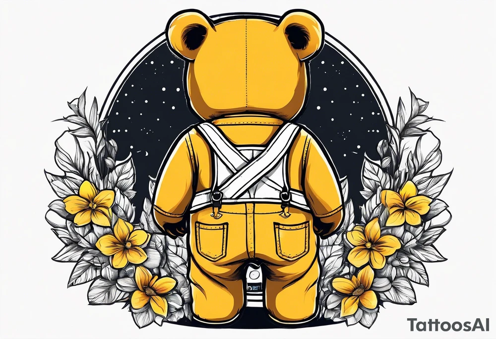 the back of a standing, skinny, brown ,
teddy bear in long, yellow overalls tattoo idea
