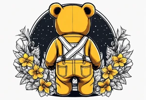 the back of a standing, skinny, brown ,
teddy bear in long, yellow overalls tattoo idea