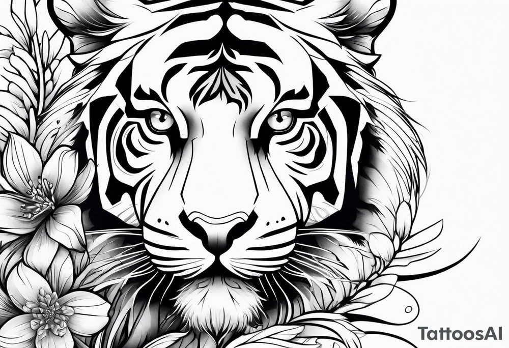 Tiger with flower and swoops tattoo idea