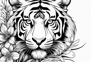 Tiger with flower and swoops tattoo idea