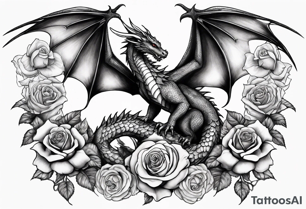 Mother dragon with wings spread with smaller dragons on each side of the mother dragon and roses tattoo idea