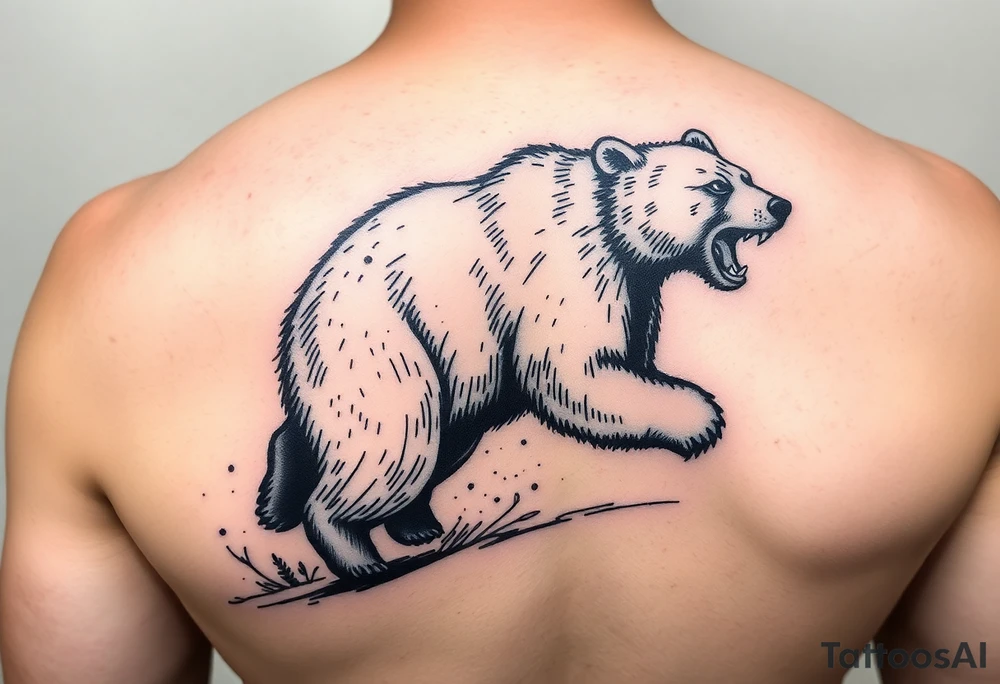 Strong running mother bear in a snowstorm. In calligraphic style tattoo idea