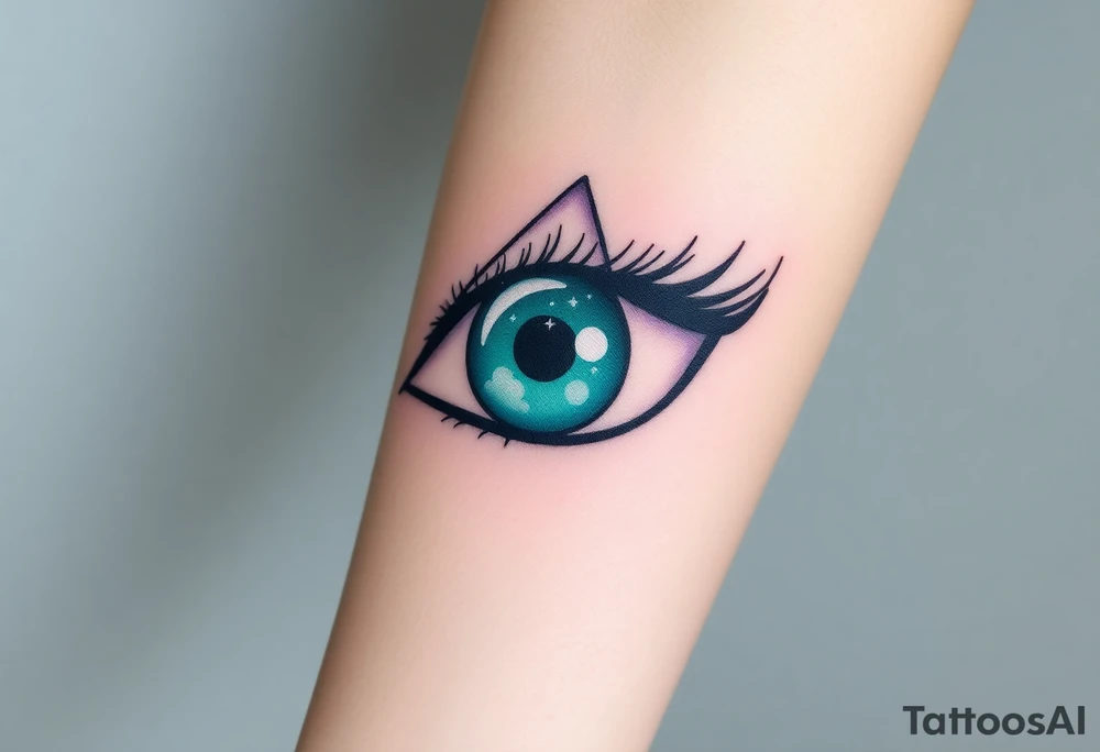Large outline of an eye shaped like an almond with eye colored greenish blue with long pretty black eyelashes + spade shaped eyeball instead of a round eyeball + a crescent moon stars and clouds inside of the eyeball only + using vivid colors like blue green purple light blue light green light purple tattoo idea
