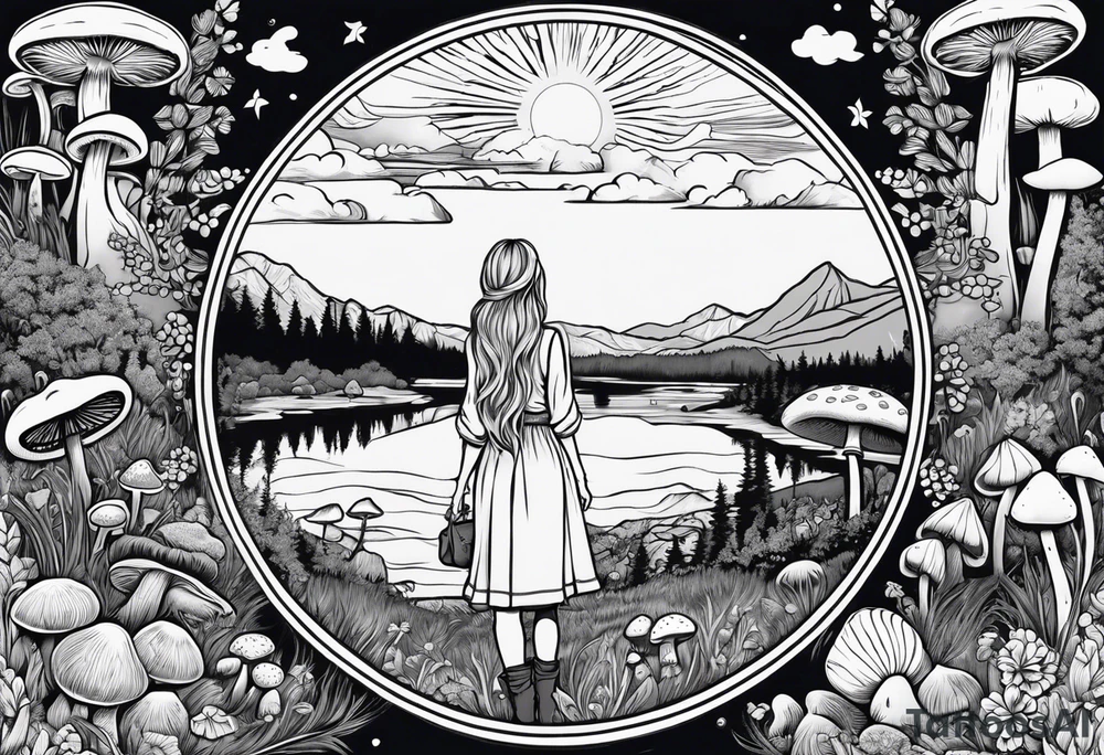 Whole picture encircled fully

Straight long blonde hair hippie girl in distance holding mushrooms in hand facing away toward mountains and creek surrounded by mushrooms long sleeve shirt and hiking pants; whole rendering within a full circle, no cut off circle tattoo idea