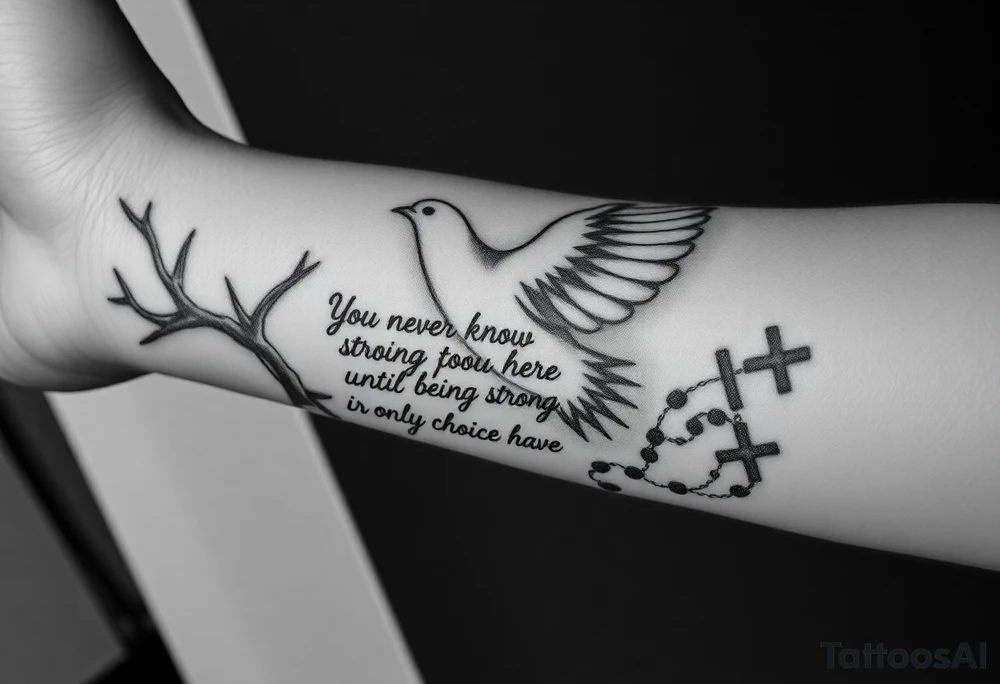 on the entire front arm the whole one its a black person skin and on the wrist is thorns on front of that is a dove and middle theres words that say you never know how strong you are until being strong is the only choice you have with prayer beads around all the words while also having a unique cross on the side of the dove near the area and and above the words theres also a bigger dove and i want a unwiue cross on the side of that too the diver is below the elbow also i want barbed wite wings on the doves and in the body of the dove by the wrist a small number 7 and on the body of the bigger dove i want it to say 1984 also do some nice shading around whats not filled kinda dark but like like super heavenly realistic clouds kinda super realistic and stuff this is all on the whole feont arm covering it tattoo idea