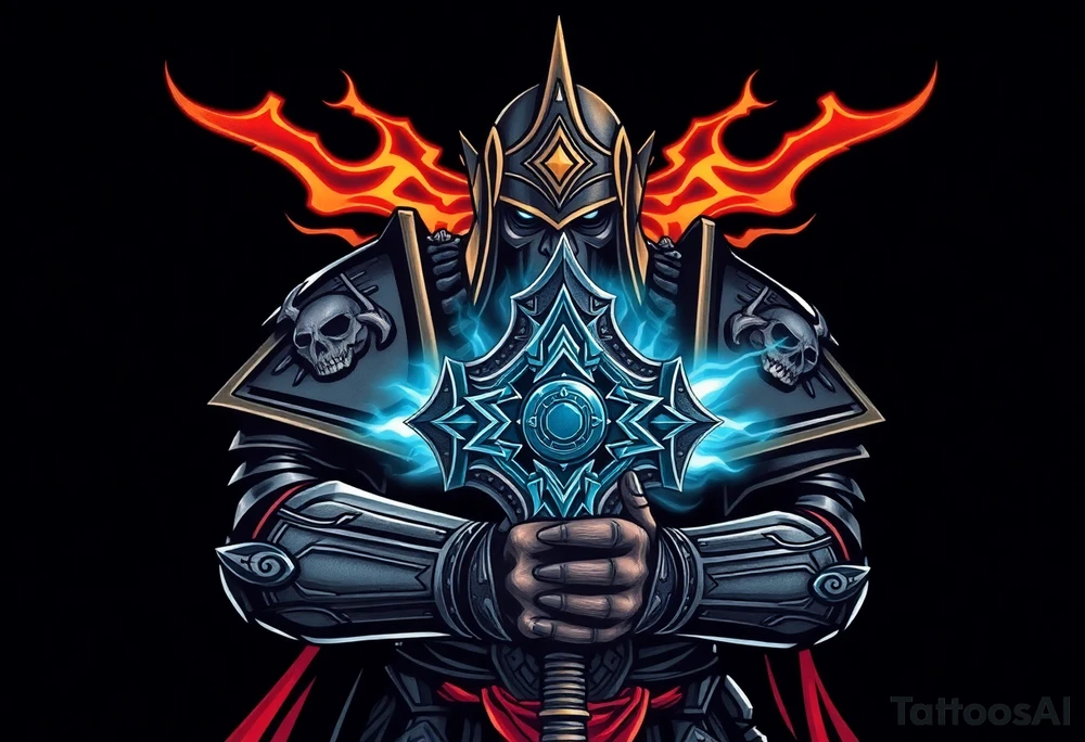 Warhammer, the Old World. A warrior priest of Sigmar holding The Warhammer of Sigmar. The Warhammer of Sigmar is radiating thunderous energy. The Warhammer is held by the warrior priest with both hands upon his chest level. The Warrior priest is wearing dark alloyed heavy armour with skull sigils on his shoulder pads. The warrior priest is wearing a helmet, while the helmets front visor has an humanoid face covering. The helmet and armour are gladened with hints of gold and crimson red. tattoo idea