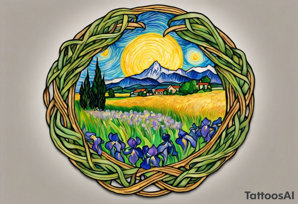 Create a small, thick, colorful Vincent van Gogh Irises tattoo, with vines in Celtic knots gracefully intertwining at a central point in the middle of the wreath. Inside the tattoo is mountains. The intended placement is on the upper chest. The overall design should be small in size while maintaining a delicate and artistic aesthetic. Pay attention to the graceful flow of the vines and the placement of the irises to achieve a refined and elegant look. tattoo idea