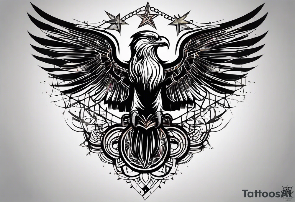 Wide tattoo that appears to be bursting out of the skin, symbolizing freedom. The tattoo should be vibrant and dynamic, with bold lines and colors that evoke a sense of liberation and empowerment. Consider incorporating elements such as broken chains, or other symbols of freedom. The tattoo should be visually striking and thought-provoking, inviting the viewer to reflect on the importance of personal freedom. tattoo idea