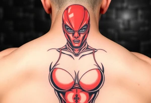 powerful female dominatrix wearing a red latex catsuit and full facemask in a bdsm dungeon tattoo idea