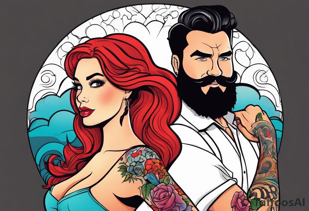 Busty Red haired woman with black haired bearded man tattoo idea