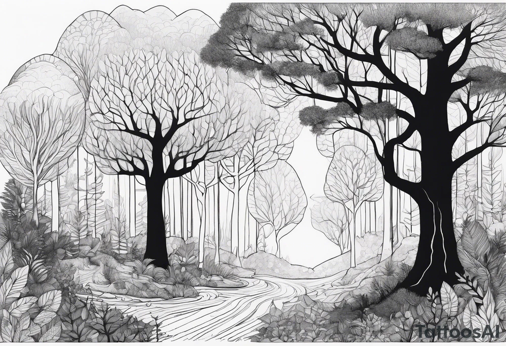 Draw me a Magical forest with s lot of trees in 2D and every tree is black and you see every trees leafs tattoo idea