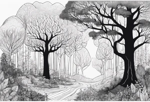 Draw me a Magical forest with s lot of trees in 2D and every tree is black and you see every trees leafs tattoo idea