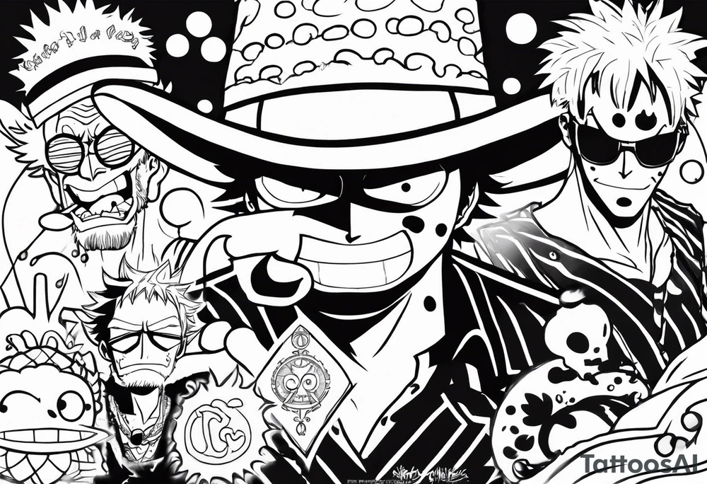 draw me a not so big tattoo with the distinctive signs of these one piece characters: Doflamingo, Luffy and Trafalgar Law tattoo idea