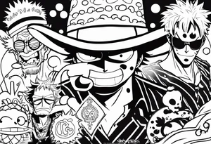 draw me a not so big tattoo with the distinctive signs of these one piece characters: Doflamingo, Luffy and Trafalgar Law tattoo idea