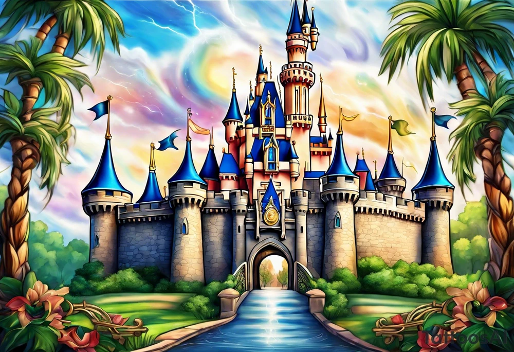 disney castle with a lightning storm palm trees and a mickey mouse and celtic symbol for family tattoo idea
