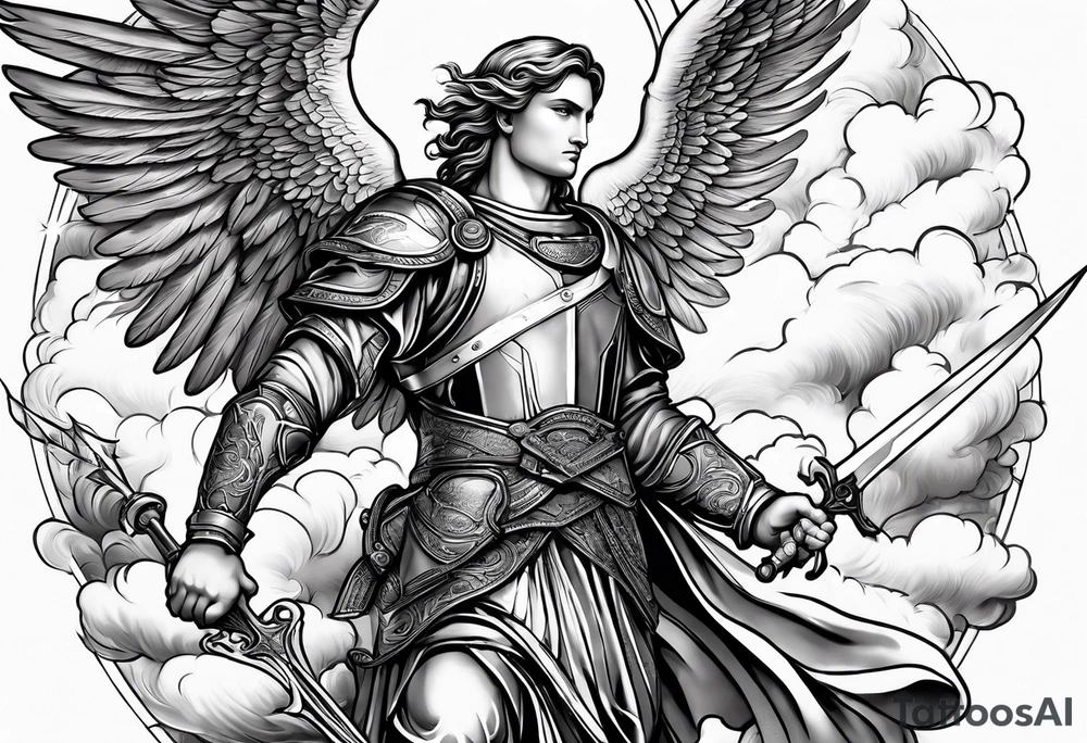Michael the Archangel with clouds and lightning. tattoo idea
