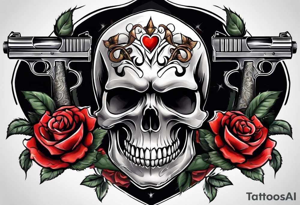 skull with a gun a  rose and a heart tattoo idea