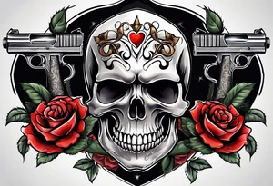 skull with a gun a  rose and a heart tattoo idea
