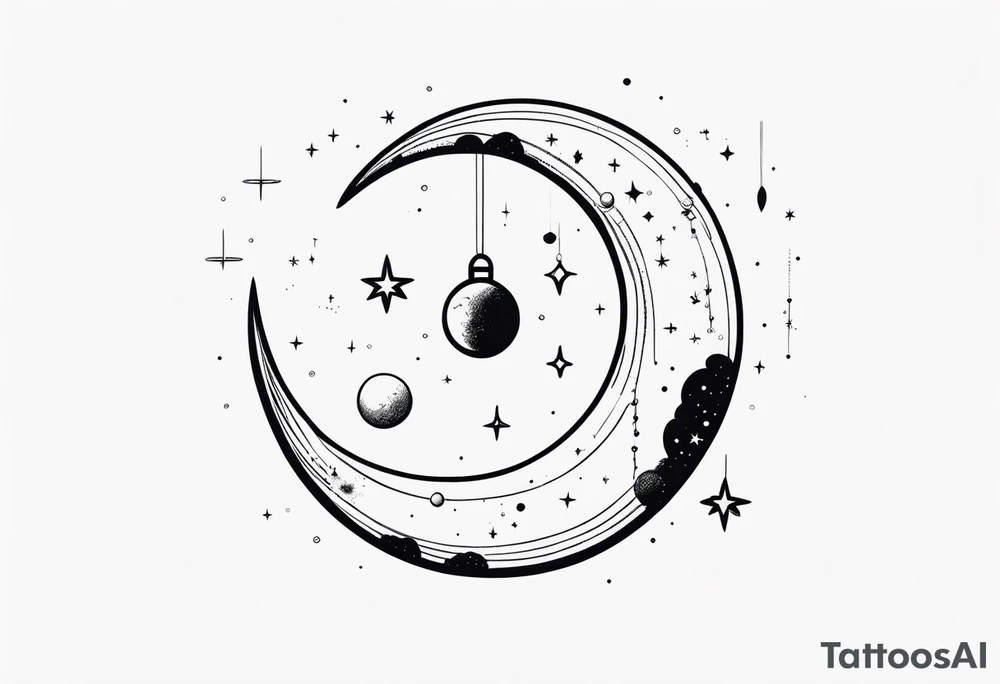 Using the constellation for cancer, make a mobile of a crescent moon, Saturn, and mercury hanging from the constellation tattoo idea