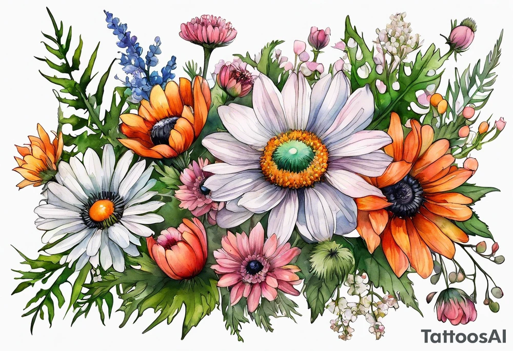 wildflowers with thistles, ferns, white anemones, sun flowers, orange flowers, green flowers, pink flowers, red flowers, babys breath and daisies all in watercolor tattoo idea