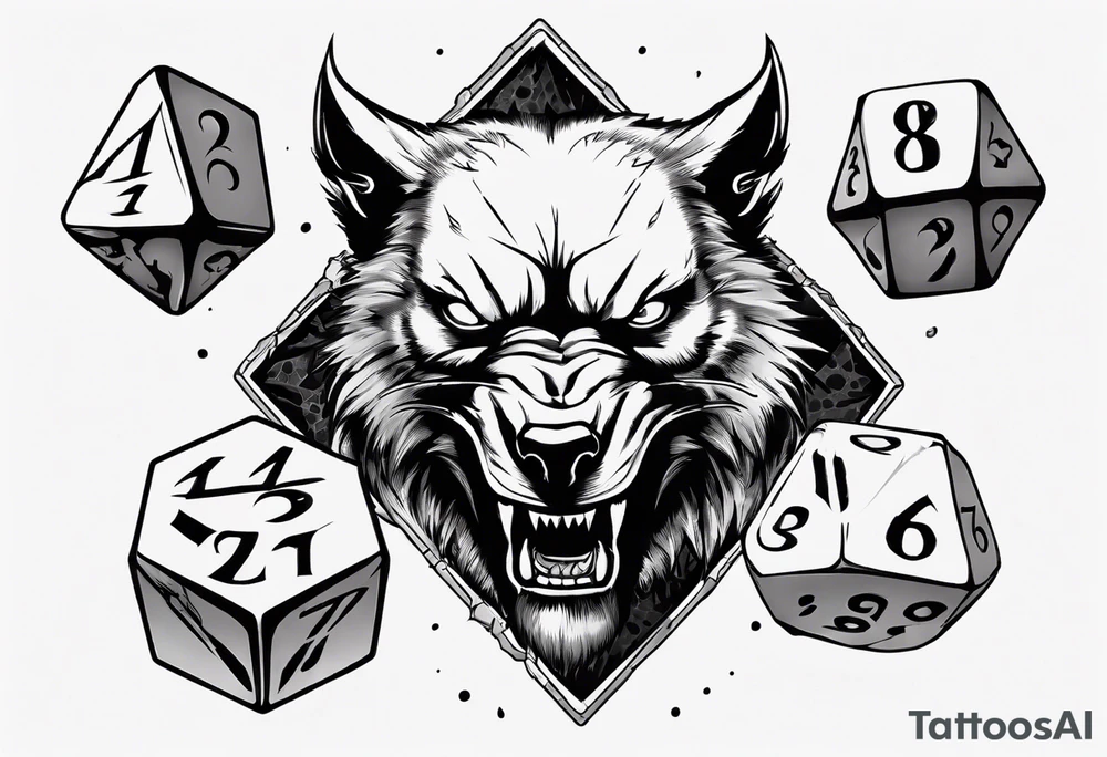A 20 sided Dice in the center with numbers and wolverine claw marks framing the area underneath the dice and a werewolf in the background tattoo idea