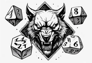 A 20 sided Dice in the center with numbers and wolverine claw marks framing the area underneath the dice and a werewolf in the background tattoo idea