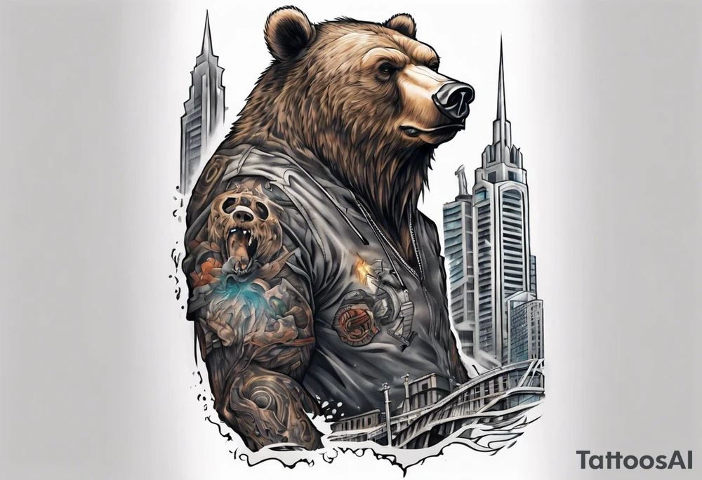 Serious bear coming up behind a city tattoo idea