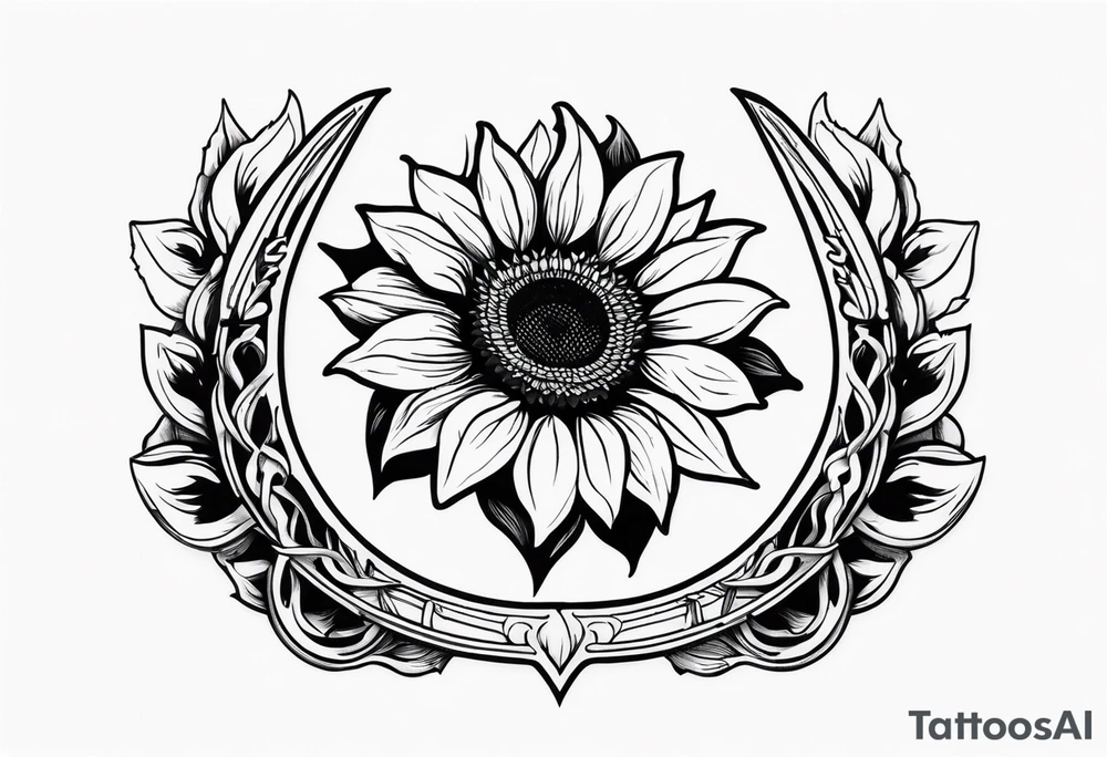 A steel horseshoe with a sunflower in the center tattoo idea