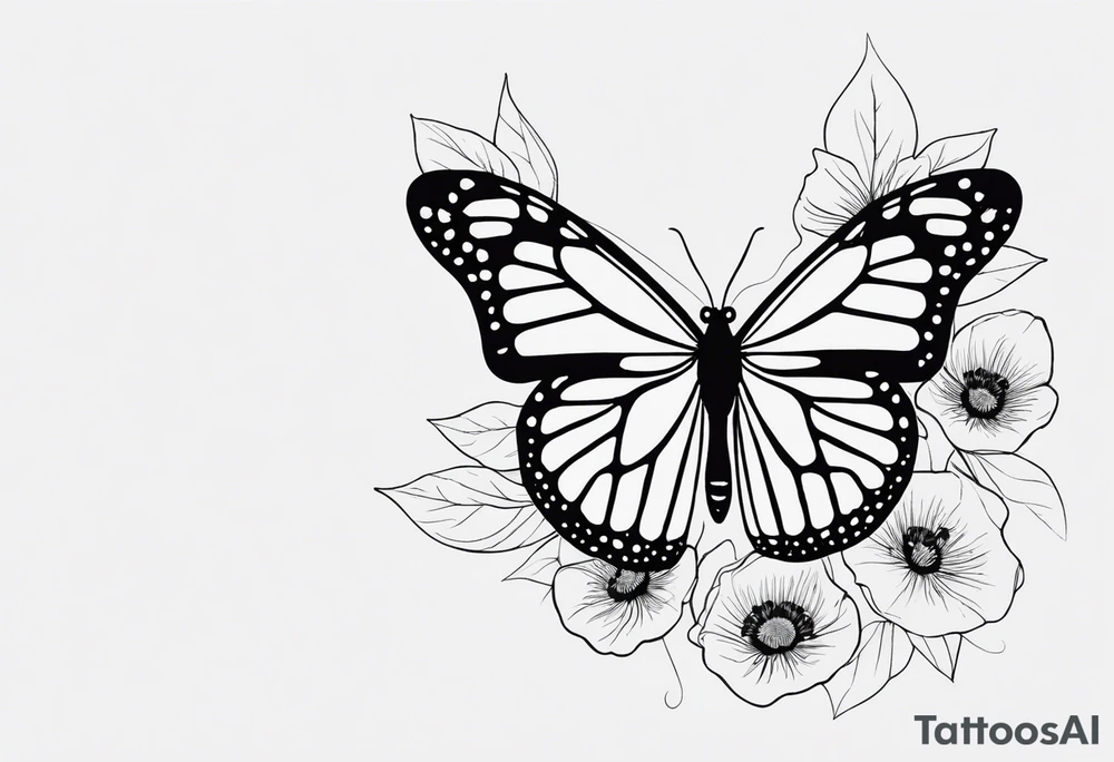 Design a black and white fine line tattoo of a monarch butterfly. The top halves of the wings should be filled with delicate poppy flowers, seamlessly integrated into the wing design. The overall style should be minimalistic and elegant, with clean lines and intricate details. The bottom halves of the wings should remain simple to emphasize the flowers above. tattoo idea