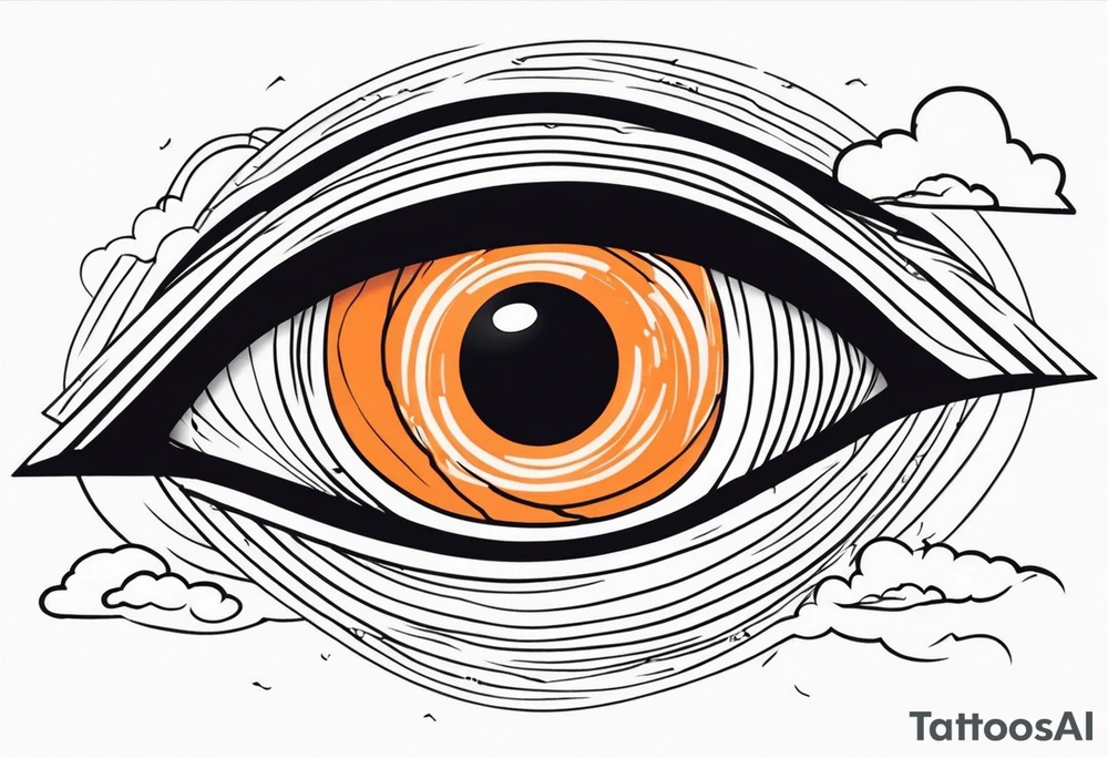 simple eyeball in dark stormy clouds with orange lightning coming from the clouds tattoo idea