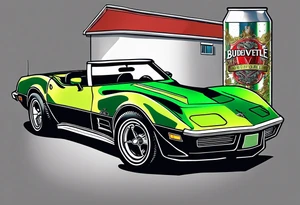 A 1976 green convertible Corvette with a skeleton smoking a cigarette and throwing a Budweiser can out of the rooftop tattoo idea