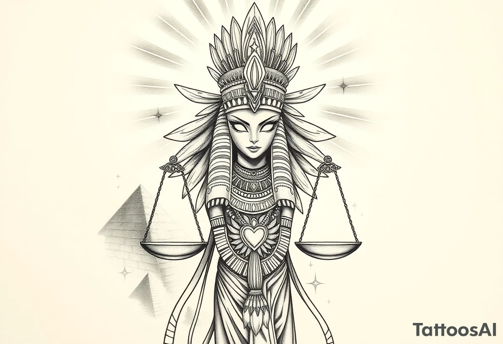 Beautiful Egyptian goddess woman, depicted as a regal woman with an ostrich feather headdress, intense glowing eyes, and intricate ancient Egyptian jewelry. She stands or floats amidst swirling cosmic energy and beams of light, with subtle hieroglyphics and pyramids in the background. Incorporate the Scales of Justice—one side holding a heart, the other Ma’at’s feather—glowing with ethereal energy. Emphasize dramatic lighting, deep shadows, and surreal, mystical atmosphere to match a sleeve with Anubis and cosmic motifs. Design should flow with existing sleeve art, using soft transitions and layered textures. tattoo idea