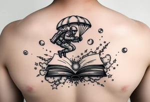 A parachuting soldier landing into an open book. Chaos surrounding, but a sense of security inside the book tattoo idea