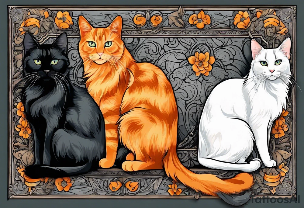 3 cats, A Maine coon cat, a orange long hair cat, a shorthair black gray tattoo idea