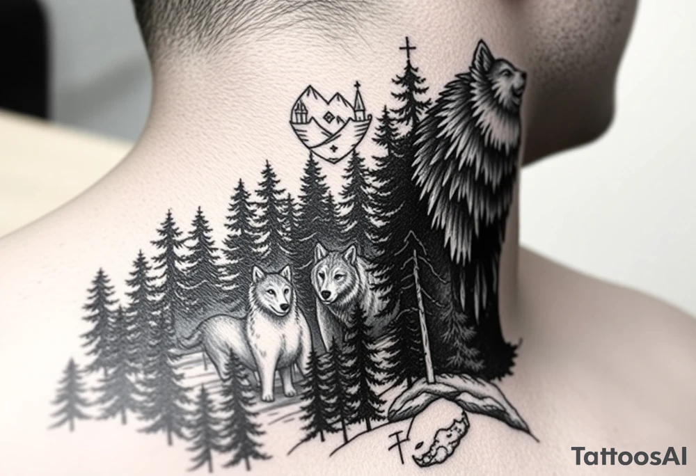 Nature/Landscape

Wolves in a pine forest (extending the tree line you already have)
A Russian bear emerging from the treeline
Snow-capped mountains behind the church scene tattoo idea