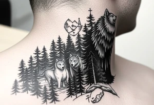 Nature/Landscape

Wolves in a pine forest (extending the tree line you already have)
A Russian bear emerging from the treeline
Snow-capped mountains behind the church scene tattoo idea