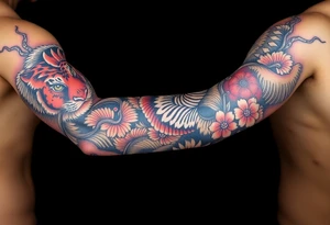 Full arm sleeve, koi fish, tiger, the sun, cherry blossom filler, beautiful tattoo idea