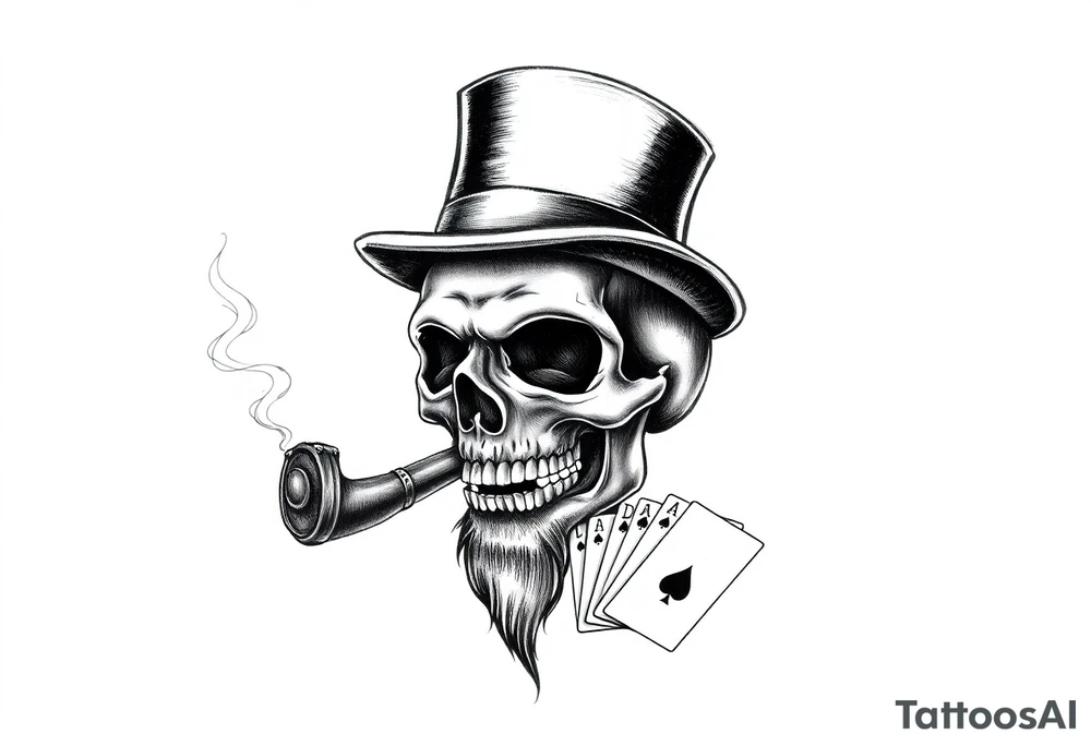 a skull with mustache, a big cigar in his mouth,top-hat on his head and playing cards in a hand. tattoo idea
