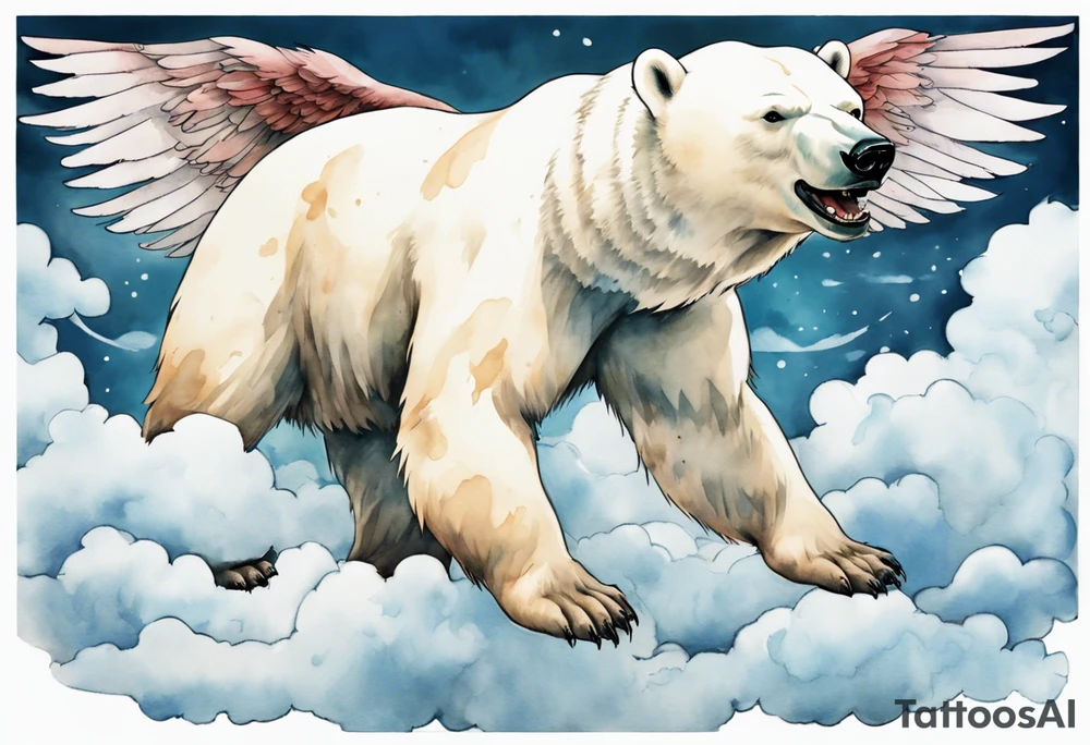 a polar bear with wings, standing on  clouds, with mouth wide open tattoo idea