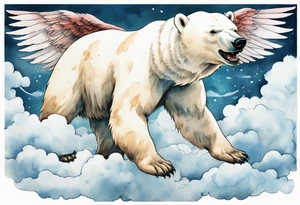 a polar bear with wings, standing on  clouds, with mouth wide open tattoo idea