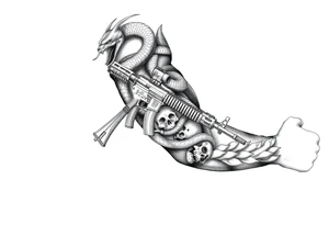 I want a full sleeve from shoulder to wrist. I want to incorporate firefighting and Marine corps. I like snakes, rifles, guns, flames and skulls tattoo idea