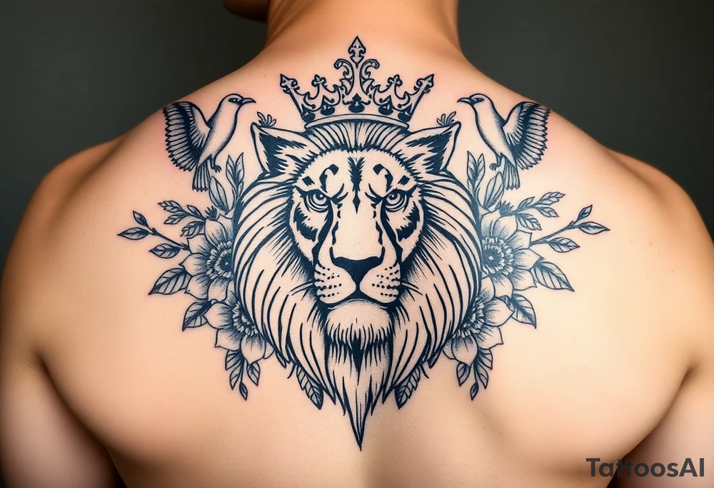 powerful majestic lion with a crown, surrounded by floral ornaments and birds tattoo idea
