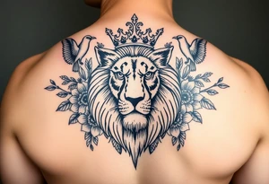 powerful majestic lion with a crown, surrounded by floral ornaments and birds tattoo idea