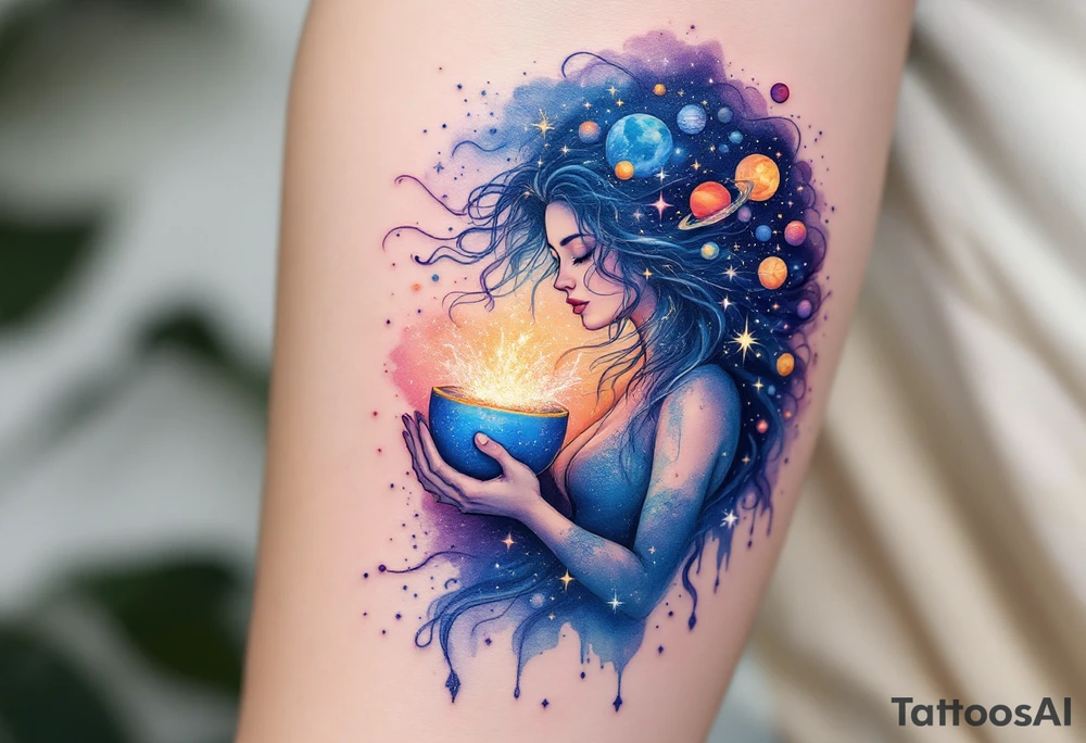 A celestial water bearer with flowing cosmic hair, holding a jug from which a glowing waterfall of stardust and planets spills, blending into the night sky. tattoo idea