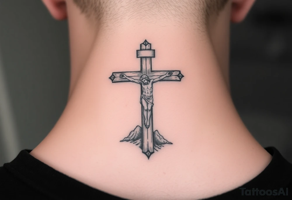Traditional orthodox ICXC Christian cross with the small horizontal bar at the top with a plaque titulus, the central longest horizontal bar with Jesus Christ on the cross also with the slanted part of the cross where christs feet were nailed in a Russian wilderness Kremlin setting tattoo idea