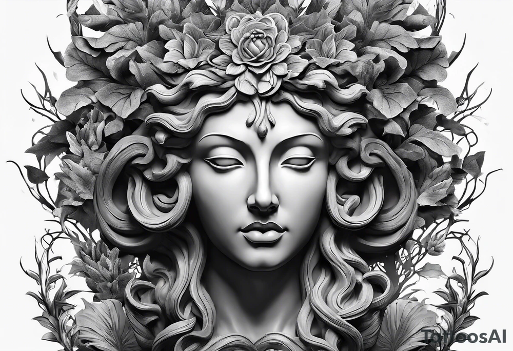 medusa sculpture bust with plants and cracks in sculpture. minimal artistic edgy tattoo idea