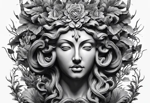 medusa sculpture bust with plants and cracks in sculpture. minimal artistic edgy tattoo idea